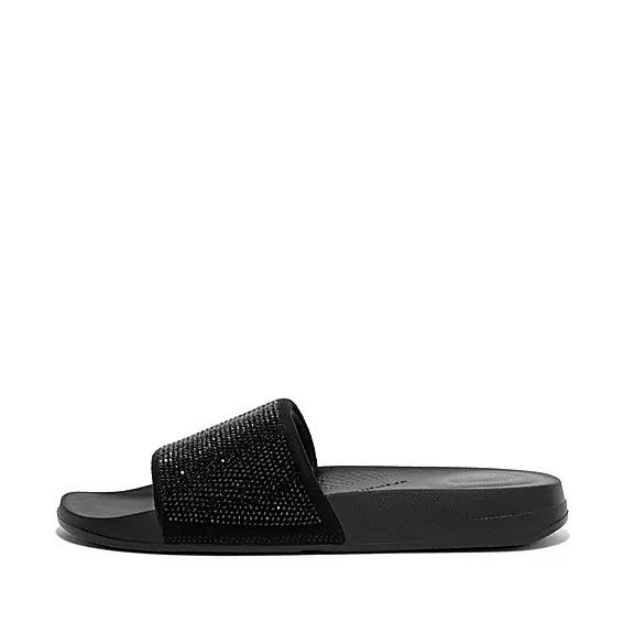 Chaussures À Enfiler Femme Fitflop Iqushion Water-Resistant Crystal Slides Noir (VYH187903)